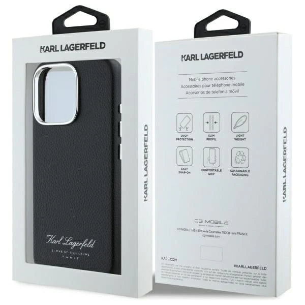 Karl Lagerfeld Hülle für iPhone 16 Pro Max – Schwarzes Leder mit Signature-Schriftzug