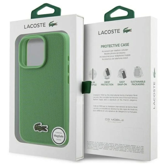 Lacoste Hülle für iPhone 16 Pro – Signature Look in Grün mit MagSafe