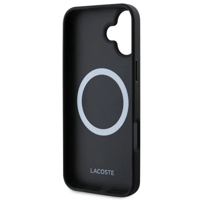 Lacoste iPhone 16 Hülle – Schwarze MagSafe Schutzhülle mit 3D-Krokodil-Logo
