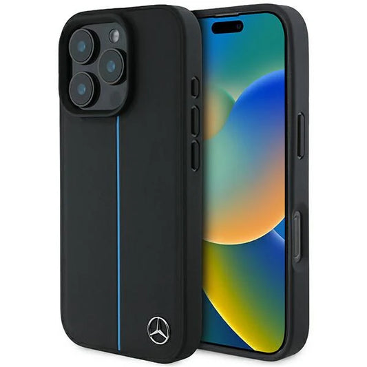 Mercedes-Benz MagSafe Hülle für iPhone 16 Pro – Schwarz mit blauem Zierstreifen