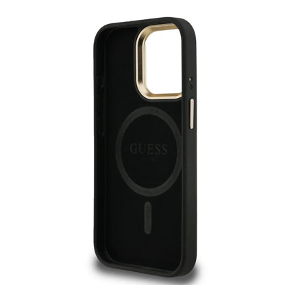 Guess 4G Strass Logo Hülle mit Stand & Kamera-Rahmen für iPhone 15 Pro Max – Schwarz