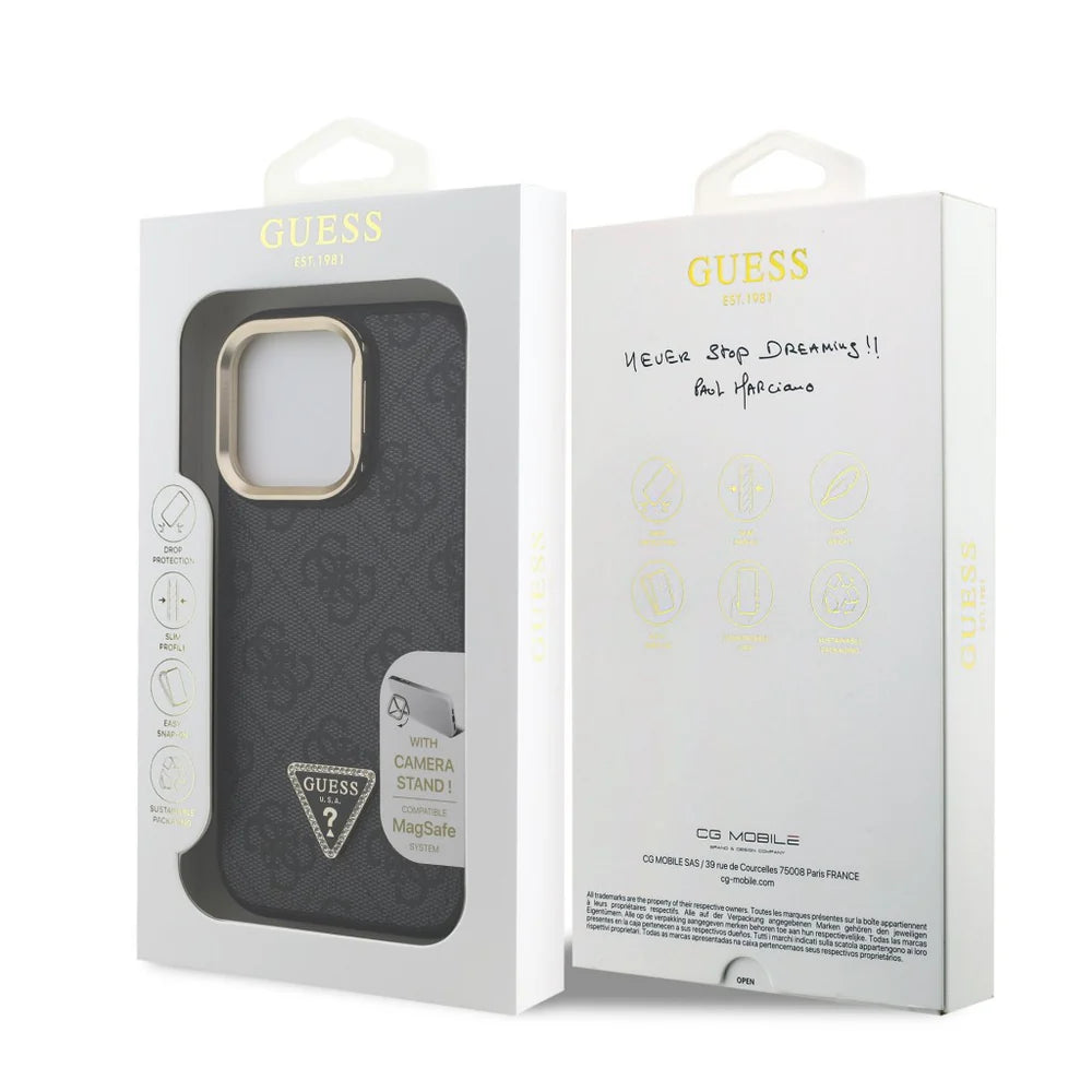 Guess 4G Strass Logo Hülle mit Stand & Kamera-Rahmen für iPhone 15 Pro Max – Schwarz