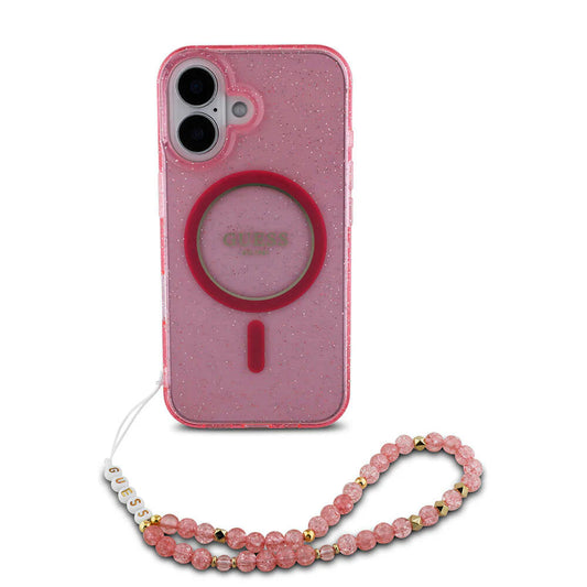 GUESS Glitzerhülle mit MagSafe & Perlen-Armband – für iPhone 16 (Rosa)