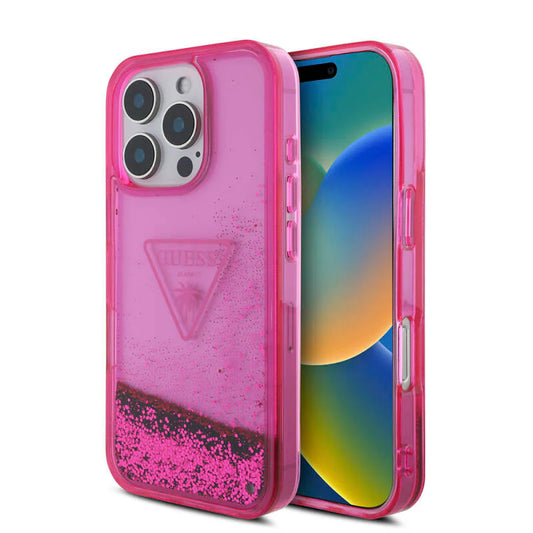 GUESS Handyhülle für iPhone 16 Pro Max – Pink Transparent mit Liquid-Glitter & Logo