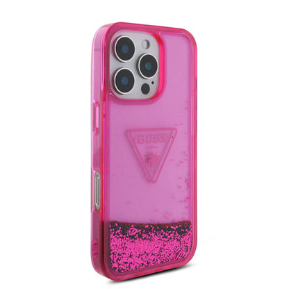 GUESS Handyhülle für iPhone 16 Pro Max – Pink Transparent mit Liquid-Glitter & Logo
