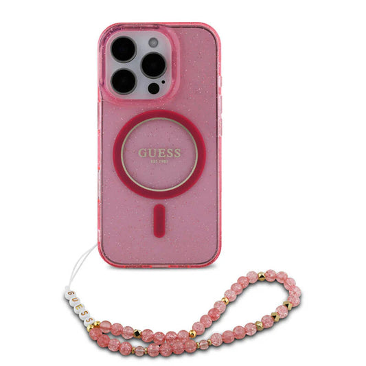 GUESS Handyhülle für iPhone 16 Pro Max – Rosa Glitzer mit MagSafe & Perlen-Handschlaufe
