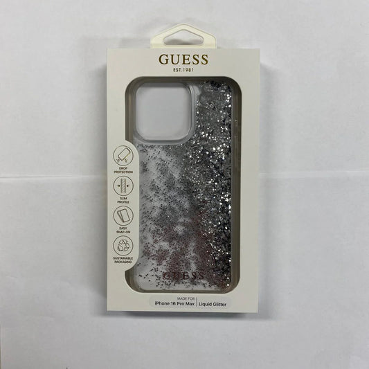 GUESS Handyhülle für iPhone 16 Pro Max – Transparent mit flüssigem Silber-Glitter