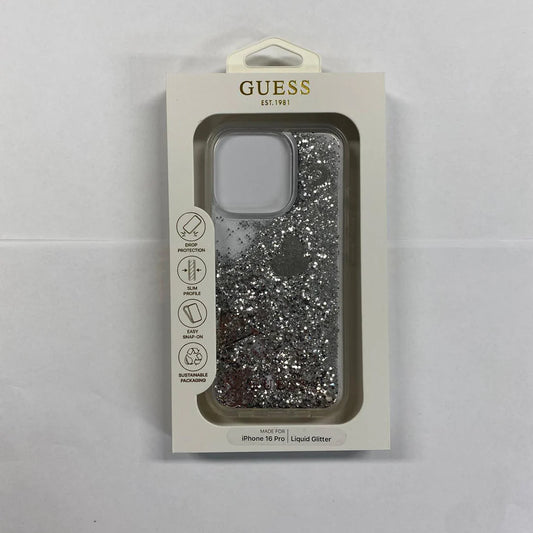 GUESS Liquid Glitter Hülle Silber für iPhone 16 Pro – Glanz, der bewegt
