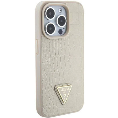 Guess Croco Hardcase Hülle für iPhone 15 Pro Max – Creme/Gold, Triangle Logo