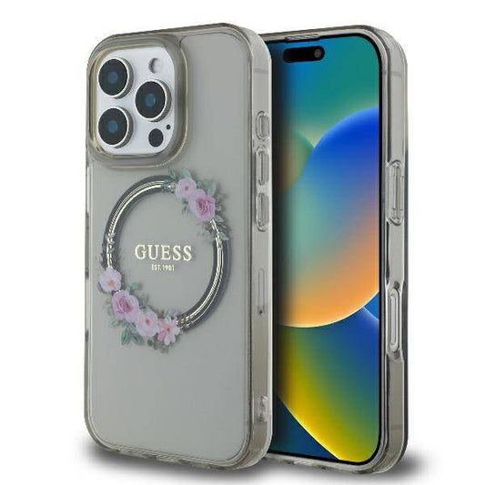 GUESS Handyhülle für iPhone 16 Pro Max – Transparent mit Blumenkranz & Logo