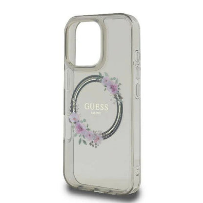GUESS Handyhülle für iPhone 16 Pro Max – Transparent mit Blumenkranz & Logo