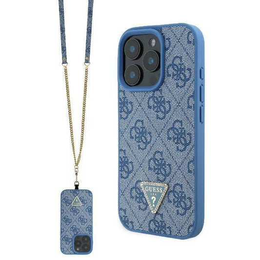GUESS Crossbody Handyhülle für iPhone 16 Pro Max – Blau im Denim-Look mit Logo & Ketten-Trageriemen