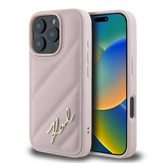 Karl Lagerfeld Quilted Signature Hülle Rosa für iPhone 16 Pro Max
