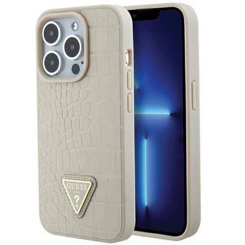 Guess Croco Hardcase Hülle für iPhone 15 Pro Max – Creme/Gold, Triangle Logo