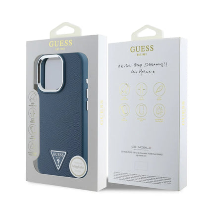 GUESS Handyhülle für iPhone 16 Pro Max – Blau mit Strukturdesign & Triangle-Logo