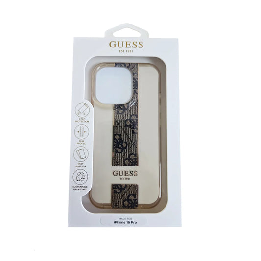 GUESS Handyhülle für iPhone 16 Pro Max – Transparent mit Monogramm-Streifen & Logo