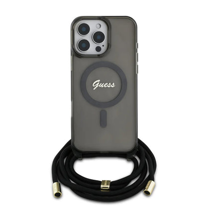 GUESS Crossbody Handyhülle für iPhone 16 Pro Max – Schwarz Transparent mit MagSafe & Trageband