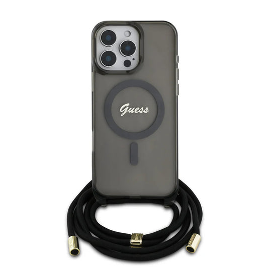 GUESS Crossbody Handyhülle für iPhone 16 Pro Max – Schwarz Transparent mit MagSafe & Trageband