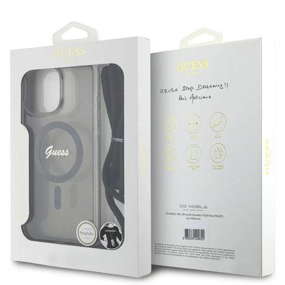 Guess Schutzhülle mit Kordel & MagSafe für iPhone 16 Pro – Transparent Schwarz