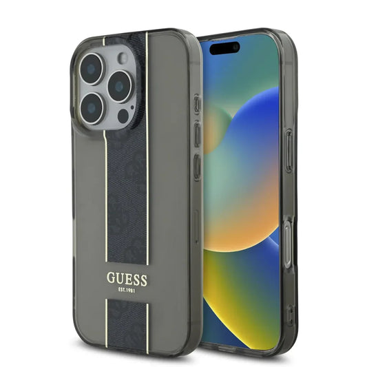 GUESS Handyhülle für iPhone 16 Pro Max – Schwarz Transparent mit Mittelstreifen & Logo