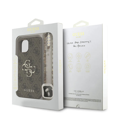 Guess 4G Metal Logo Hülle mit Handgelenkstrap für iPhone 15 Pro Max – Braun