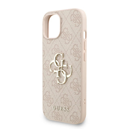 Guess 4G Metal Logo Hülle mit Perlen-Strap Rosa für iPhone 15 Pro Max