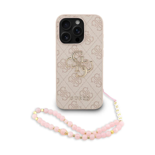 Guess 4G Metal Logo Hülle mit Perlen-Strap Rosa für iPhone 15 Pro Max