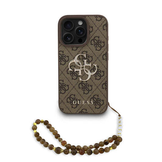 Guess 4G Metal Logo Hülle mit Handgelenkstrap für iPhone 15 Pro Max – Braun