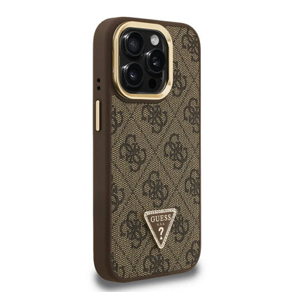 Guess 4G Strass Triangle Logo Stand Hülle mit MagSafe für iPhone 15 Pro Max – Braun