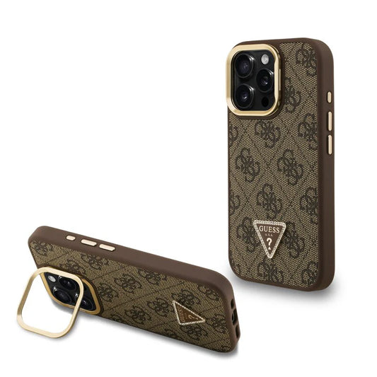 Guess 4G Strass Triangle Logo Stand Hülle mit MagSafe für iPhone 15 Pro Max – Braun