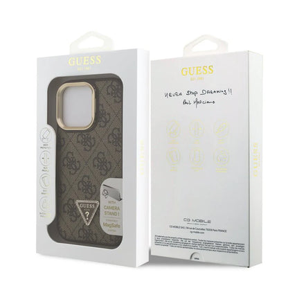 Guess 4G Strass Triangle Logo Stand Hülle mit MagSafe für iPhone 15 Pro Max – Braun