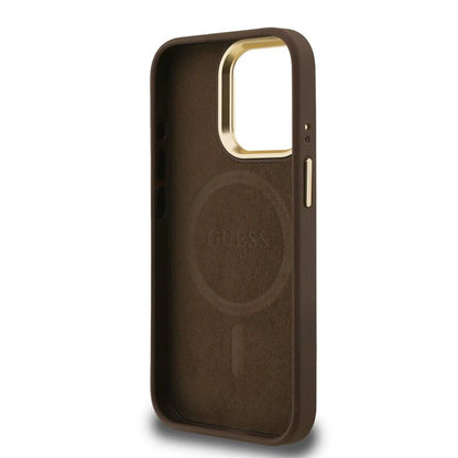 Guess 4G Strass Triangle Logo Stand Hülle mit MagSafe für iPhone 15 Pro Max – Braun