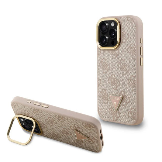 Guess 4G Strass Logo Hülle mit Stand & Kamera-Rahmen für iPhone 15 Pro Max – Beige