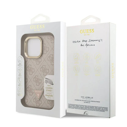 Guess 4G Strass Logo Hülle mit Stand & Kamera-Rahmen für iPhone 15 Pro Max – Beige