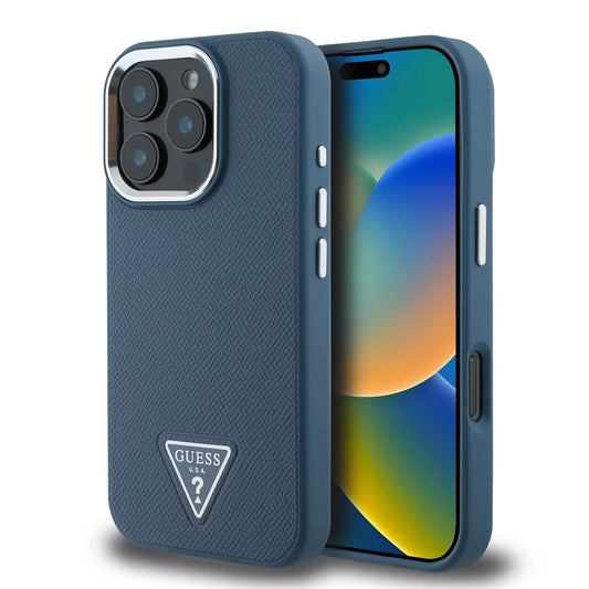 GUESS Handyhülle für iPhone 16 Pro Max – Blau mit Strukturdesign & Triangle-Logo