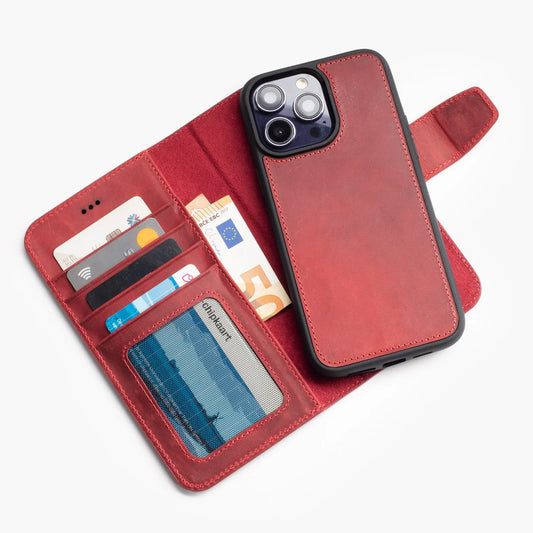 Wachikopa Echtleder 2-in-1 Book Case für iPhone 15 Pro Max – Rot