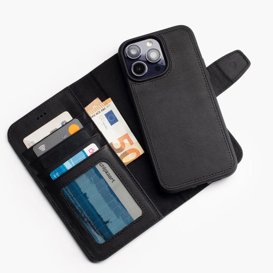 Wachikopa Echtleder 2-in-1 Book Case für iPhone 15 Pro Max – Schwarz