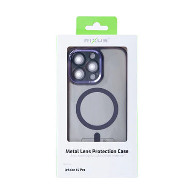 RIXUS MagSafe‑Clear‑Hülle in Violett mit Metall‑Kameraschutz – für iPhone 14 Pro
