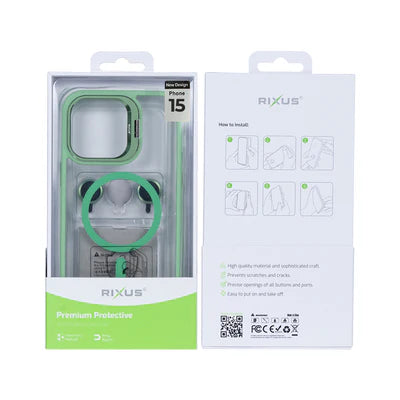 RIXUS MagLine Case Grün – Transparentes iPhone 15 Case mit Kameraschutz & MagSafe-Kompatibilität