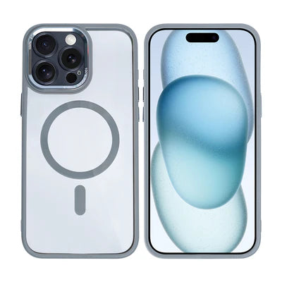 RIXUS MagSafe ClearCase für iPhone 15 Pro Max – Metall-Kameraschutz in Grau