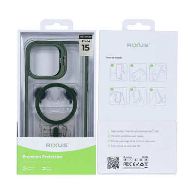RIXUS MagLine Case Grün – Transparentes iPhone 15 Case mit Kameraschutz & MagSafe-Kompatibilität