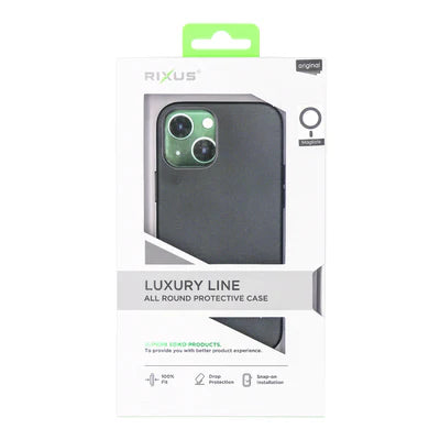 RIXUS Luxury Line Hülle – Schwarz mit Grünem Kameraschutz – Magnetisch – für iPhone 14